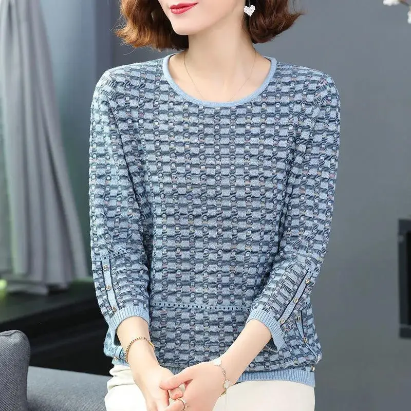 Female Clothing Korean Plaid Knitted T-shirt Round Neck Casual 3/4 Sleeve Spring Summer Spliced Fashion Button Loose Pullovers