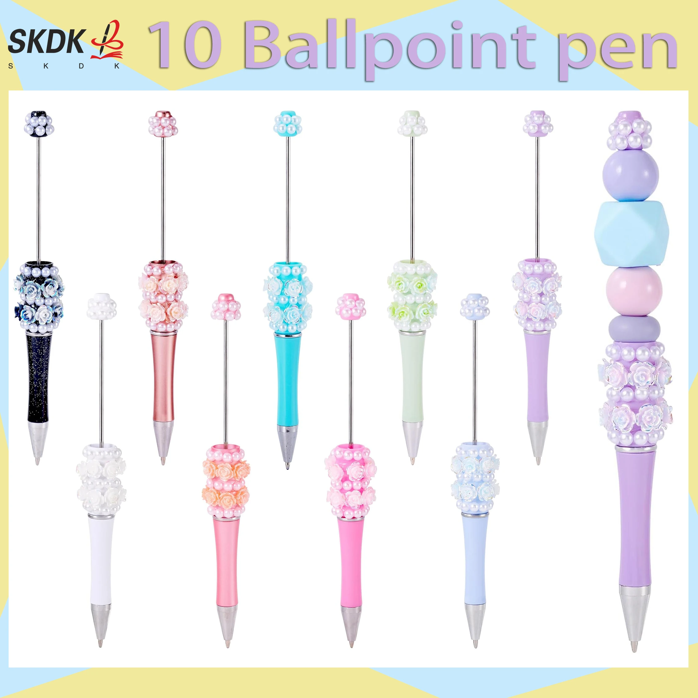 

10Pcs DIY New beaded pen Flower pearl beaded pen handmade patch cap with diamond spinning gift pen