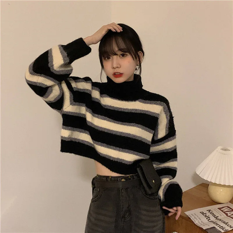 MEXZT Sweater Women Sexy Cropped Turtleneck Striped Pullovers Streetwear Korean Loose Long Sleeve Knitted Sweater Chic Lady Tops