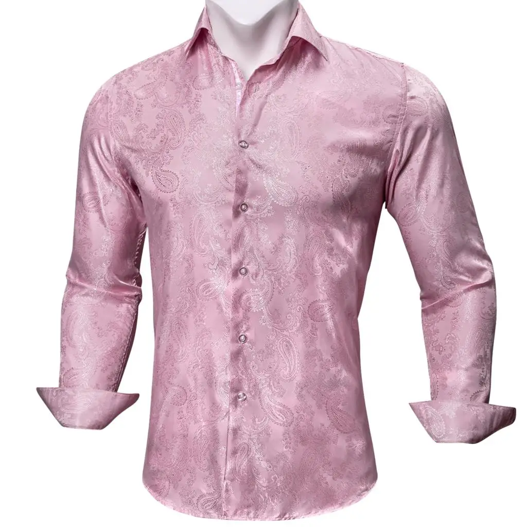 Luxury Shirts for Men Silk Long Sleeve Pink Paisley Slim Fit Male Blouses Casual Formal Tops Breathable Barry Wang