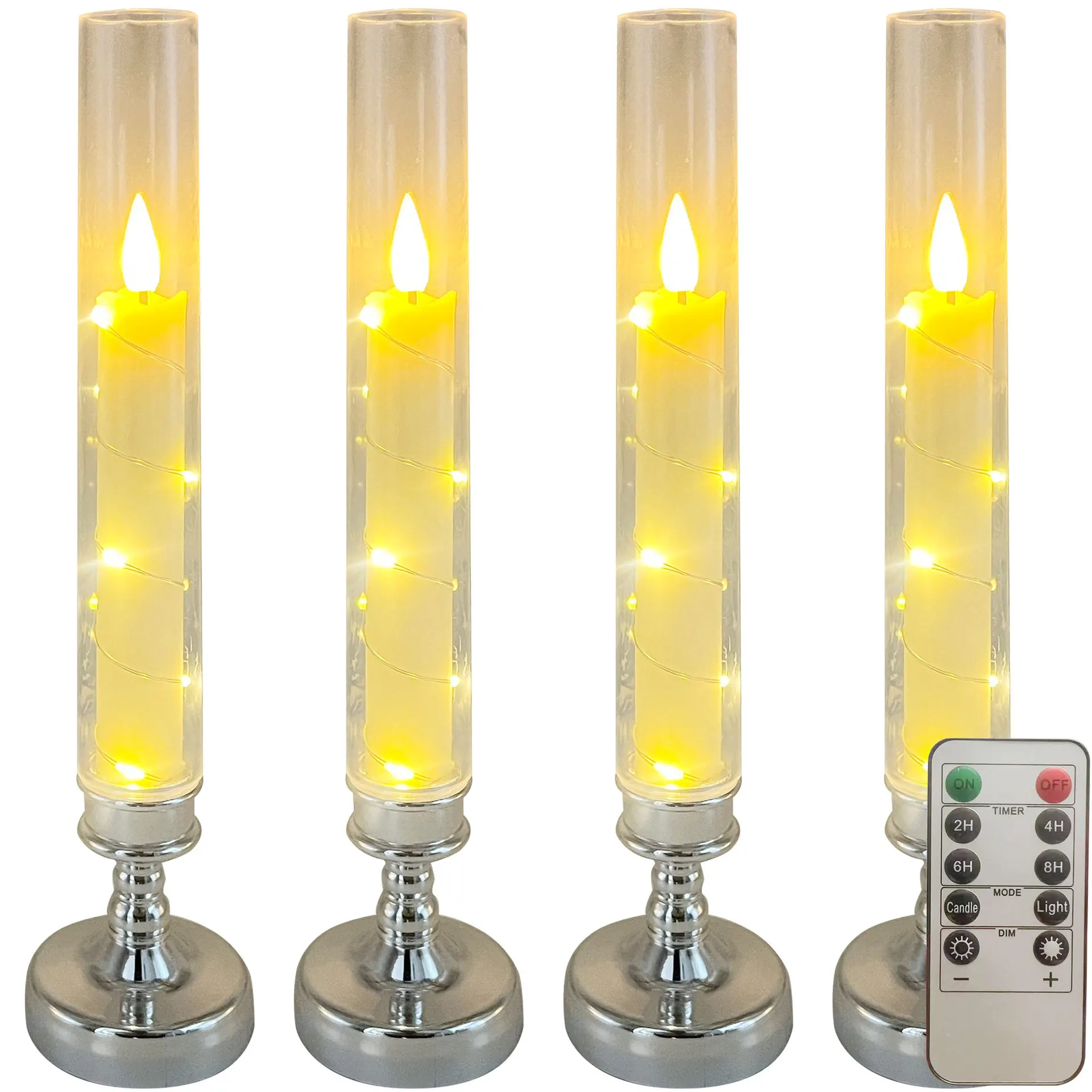 Pack of 4 Remote Controlled Decorative LED Taper Candles With Holders Inside,Realistic Copper Wire Candle Light