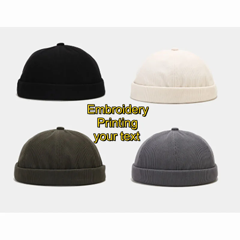 

Custom Embroidery Brimless Beanie Hat Hip Hop Corduroy Unisex Autumn Winter Windproof Adjustable Melon Skin Cap for Men Women