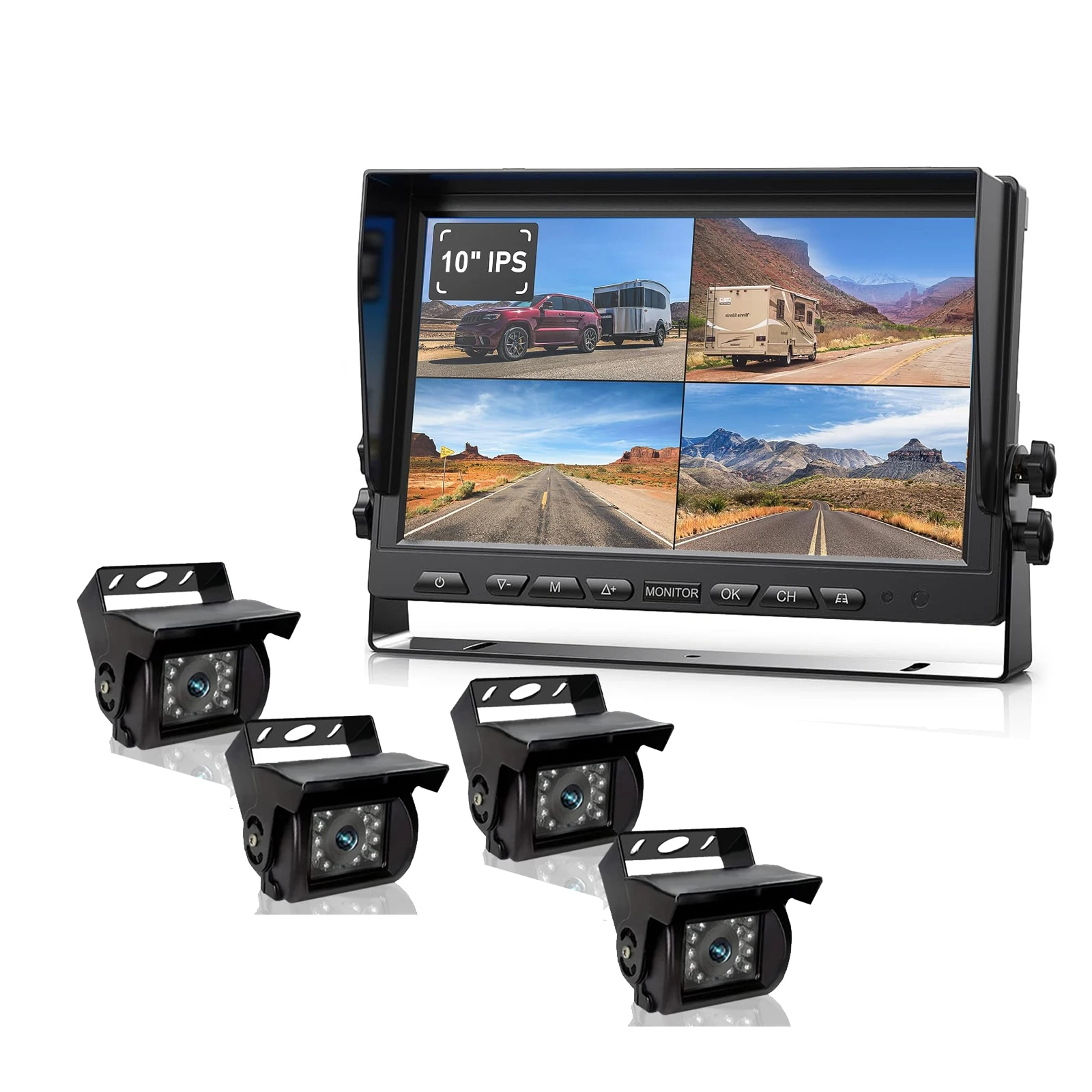 iPoster 10.1 Inch IPS Screen QUAD Monitor Split Screen 4ch Rear View Reversing Backup Cameras Night Vision Waterproof For Truck Bus Caravan Trailer Rvs