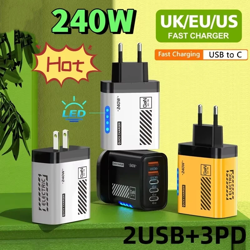 

240W Charger LED Light QC3.0 Quick Charging 5 Ports Type-C USB Fast Charger Adapter For Iphone Samsung Xiaomi Huawei EU US Plug