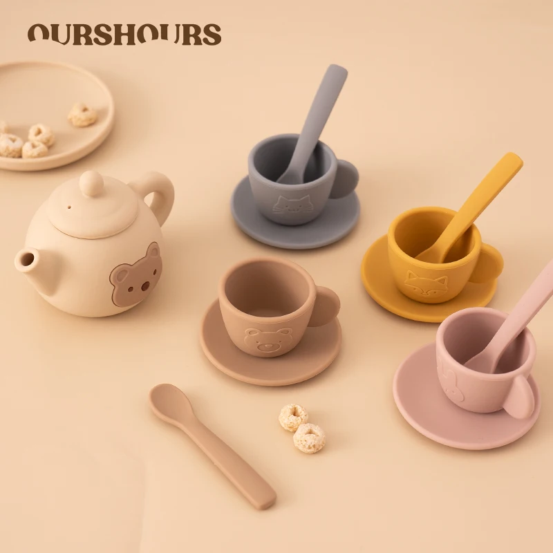 Silicone Tea Party Set for Little Boys Girls Kids Kitchen Accessories Educational Toys Pretend Play Tea Set with Tea Pot Cups