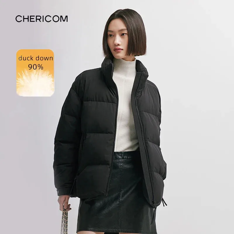 Chericom 숏 다운 재킷 여성용 스탠드업 칼라 따뜻한 트렌드 겨울 패딩 코트 방풍 경량 푸퍼 재킷 Y298081Y