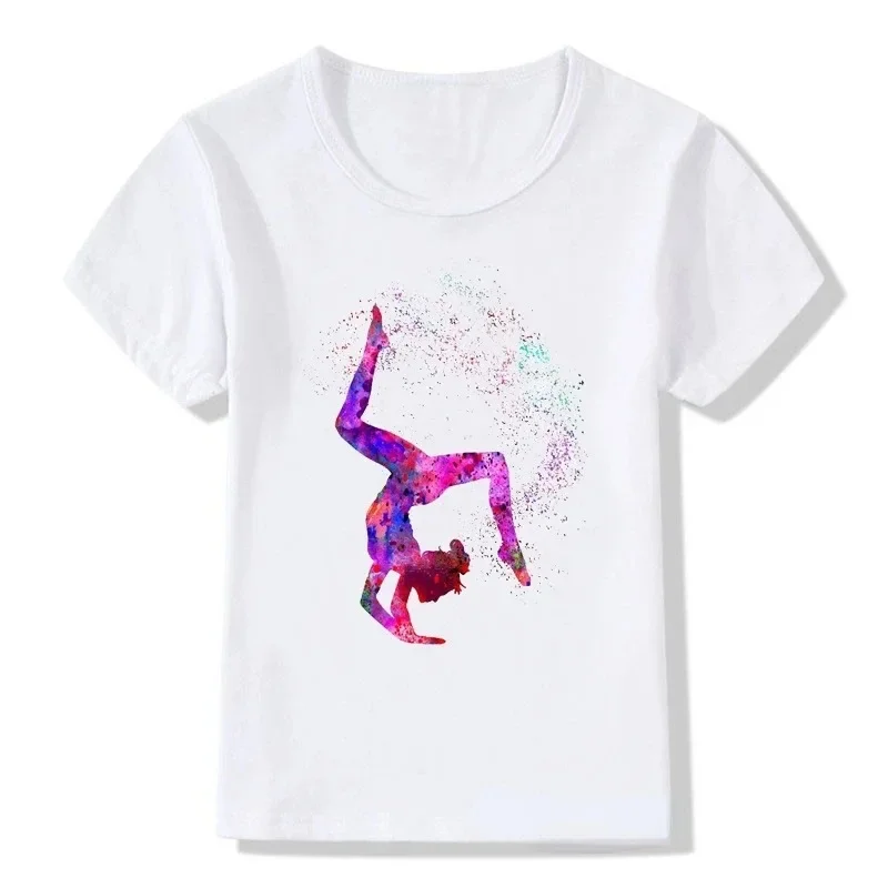 Children's Fashion Design Ballet Print Children's Short Sleeve T-shirt Girls' White Base Shirt Girls Clothes