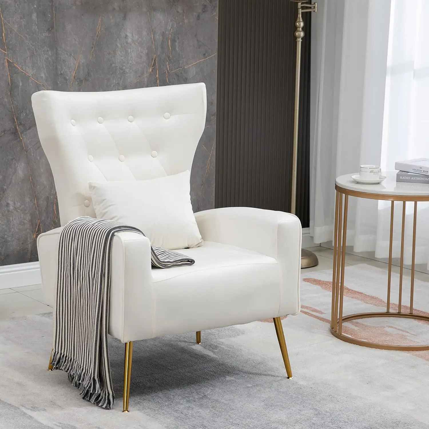 Button-Tufted WingBack Velvet Accent Armchair with Lumbar Pillow & Golden Legs for Living Room Bedroom, Customized