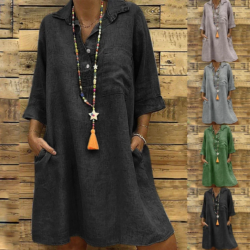 Women's Cotton Linen 3/4 Sleeve Shirt Dress Plus Size Sundress Loose Plain Swing Dress In Khaki Green Grey And Black