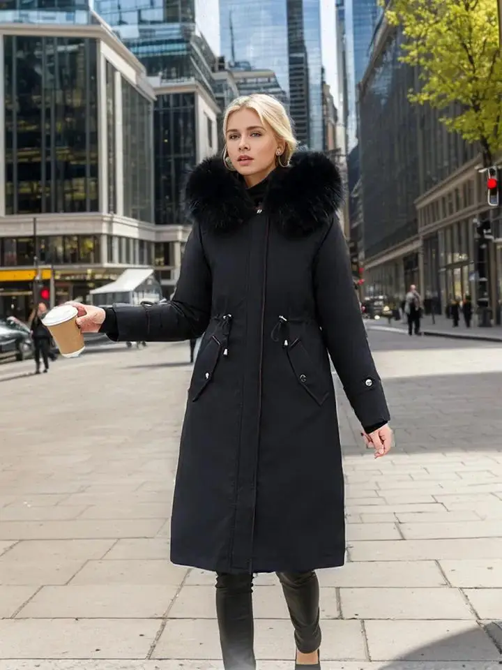 Women Thick Long Coats Parkas Hooded Zipper Full Sleeve s Parka Waist Drawstring Splice Solid Warm Winter 2024