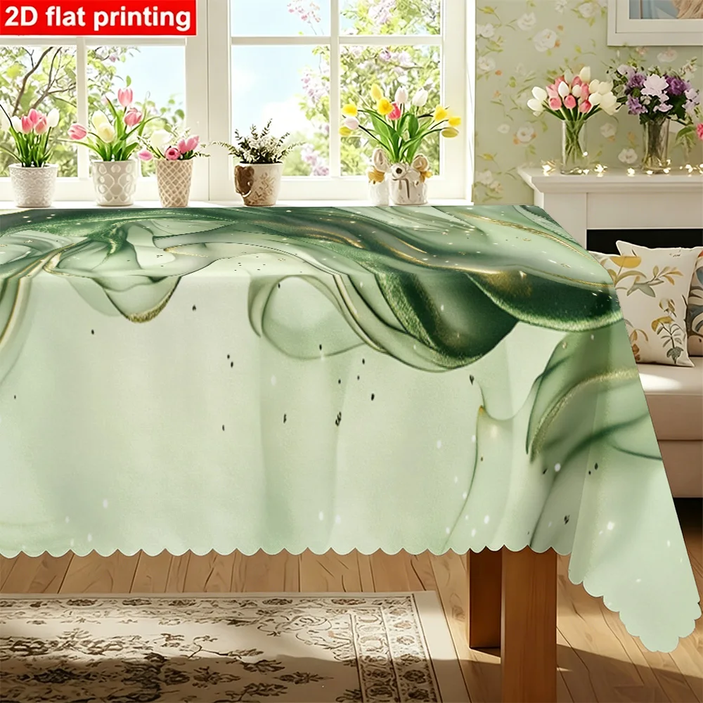 1PC Rectangular Tablecloth in an Elegant Green and Gold Abstract Marble Pattern Made of Durable Polyester Fabric for Tables, Wed
