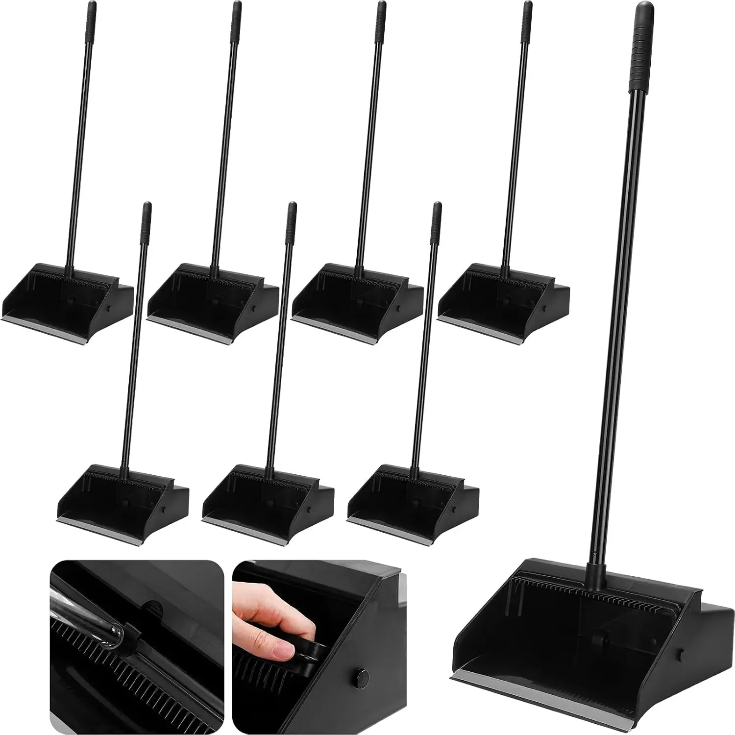 8 Pcs Dust Pans with Long Handle with Comb Stand up Dustpan,Black