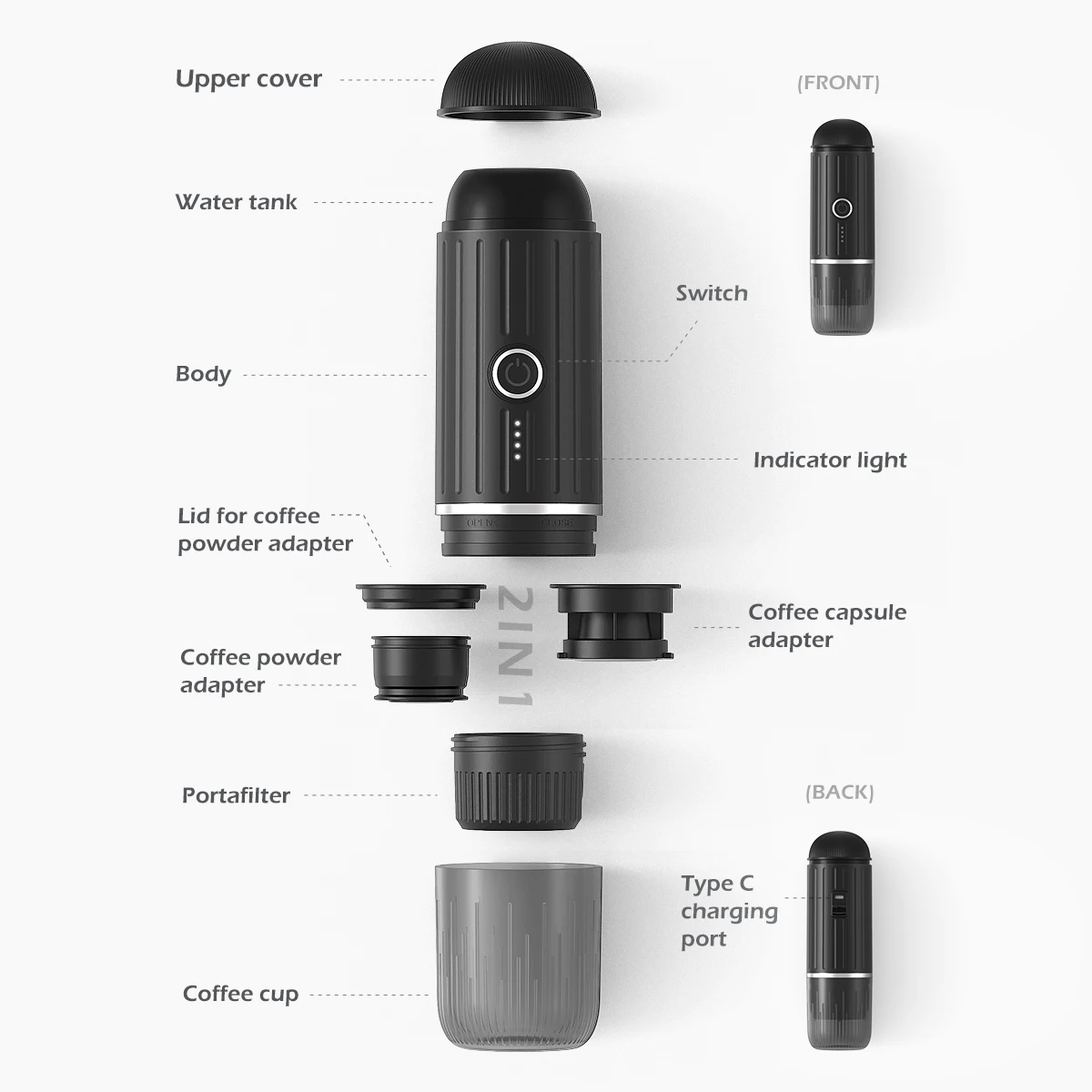 Portable 2 In1 Espresso Machine, Compatible Capsules and Ground Coffee,19 Bar Pressure,Perfect for Kitchen Travel,Camping