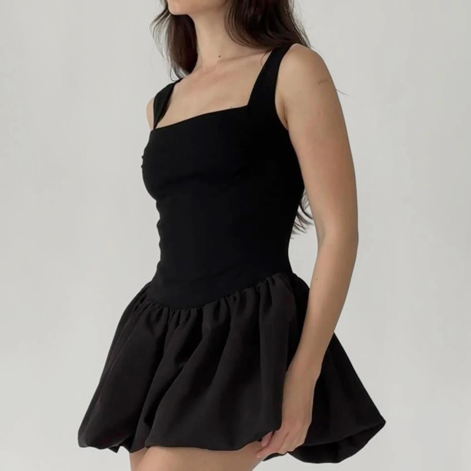 Abito da donna Mini a-line senza maniche con scollo quadrato pieghettato in tinta unita vestito da Cocktail Party aderente