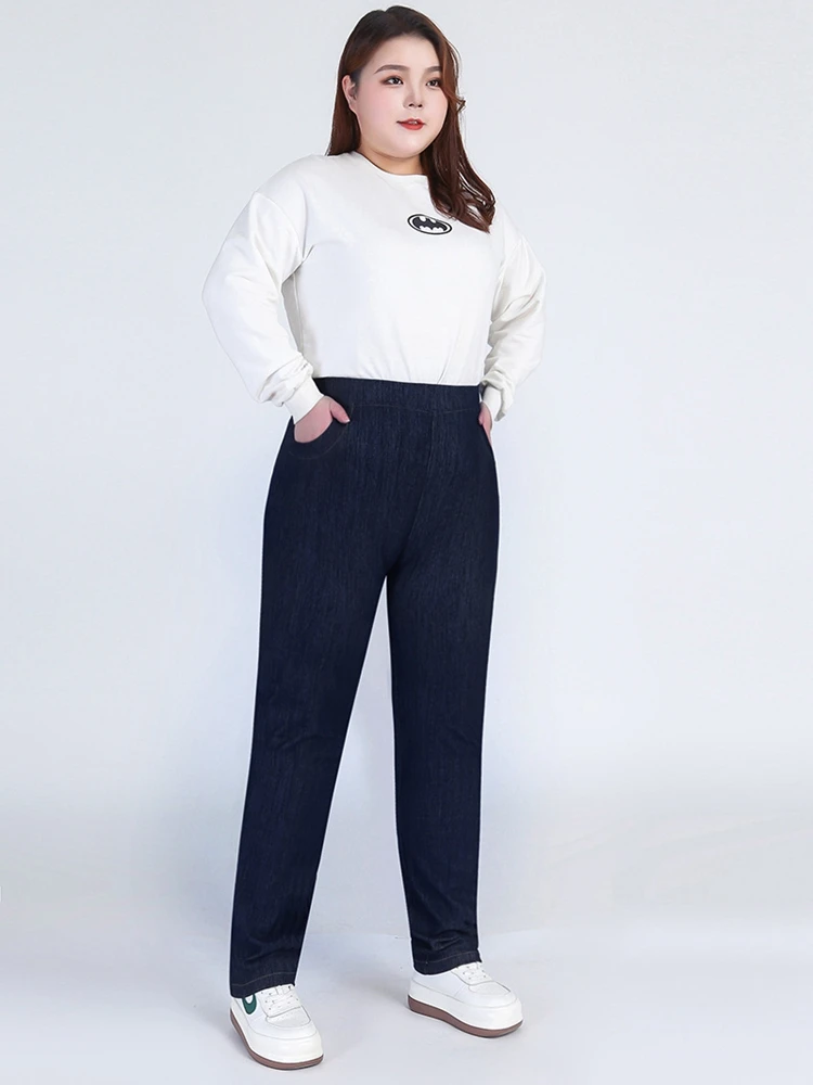 بنطال رصاص مطرز عالي الخصر للنساء، جينز جيب مرن، موضة الخريف، مقاس كبير، 7XL، 8XL، 9XL، طراز جديد.