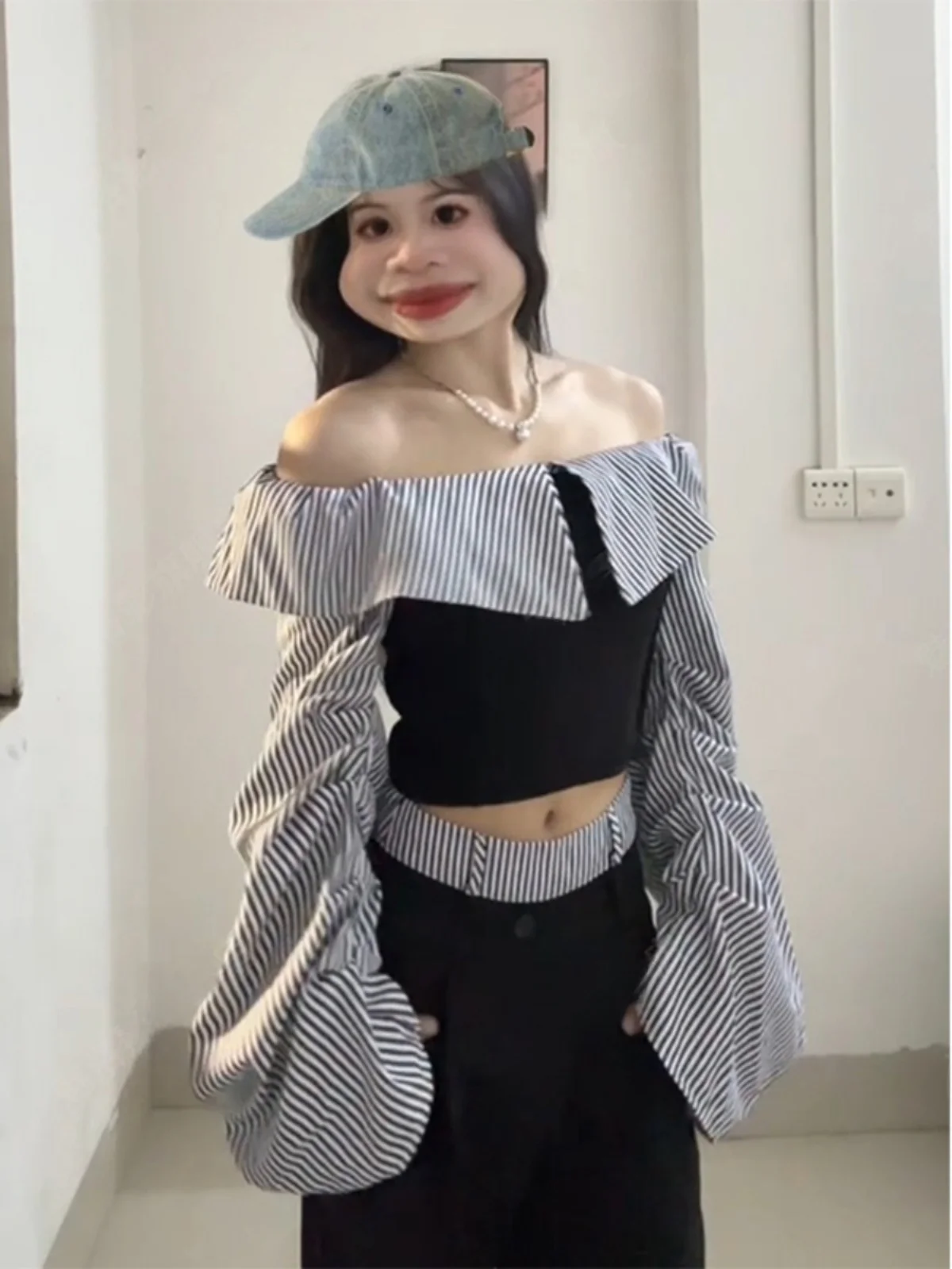 

American Hot Girl Design Patchwork Stripes Long Sleeve Shirt Spring New Style Slimming High-End Feeling Matching Two-Piece Set