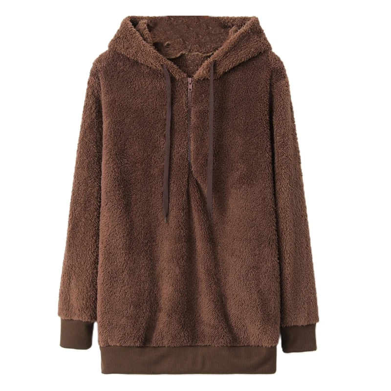 Womens Autumn Winter Hoodies Fuzzy Sweatshirt 1/4 Zip Up Plush Pullover Tops Cozy Oversized Fluffy Coat with Pockets