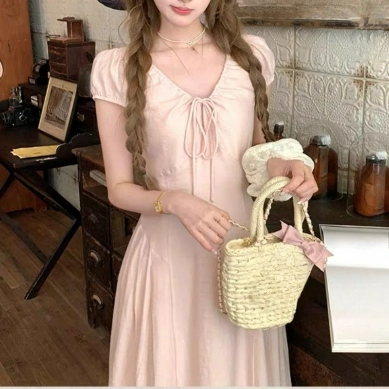 

Pink Long V-neck Waist Short-sleeved Dress Women's Summer French Retro Loose and Thin A-word Skirt Temperament Fashion Comfort