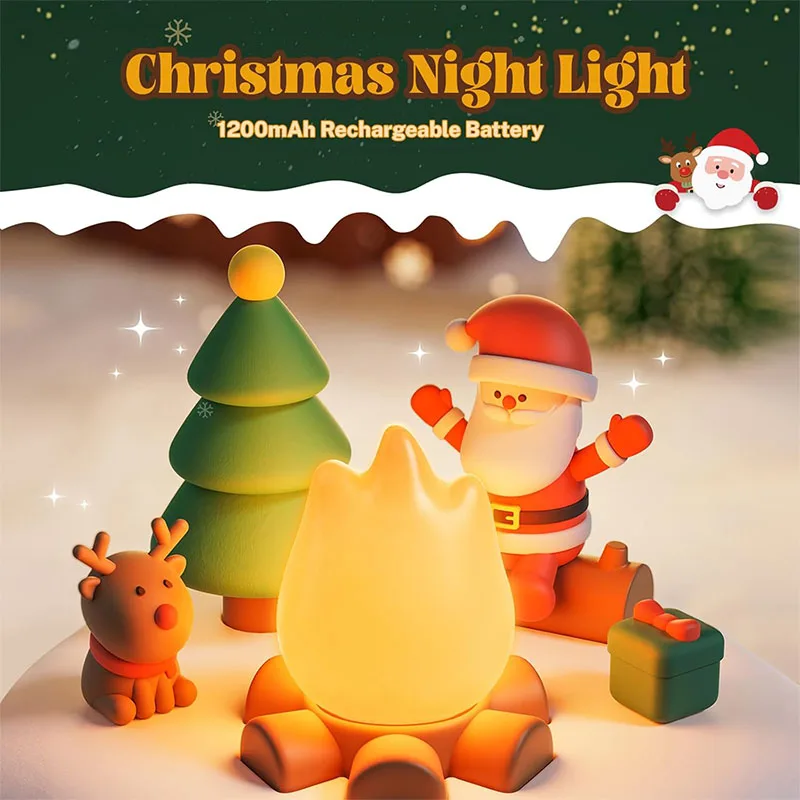 Caja de música navideña recargable con Bluetooth, luz nocturna LED con diseño de campana y llama para decoración de ambiente del hogar, regalos de Navidad para niños