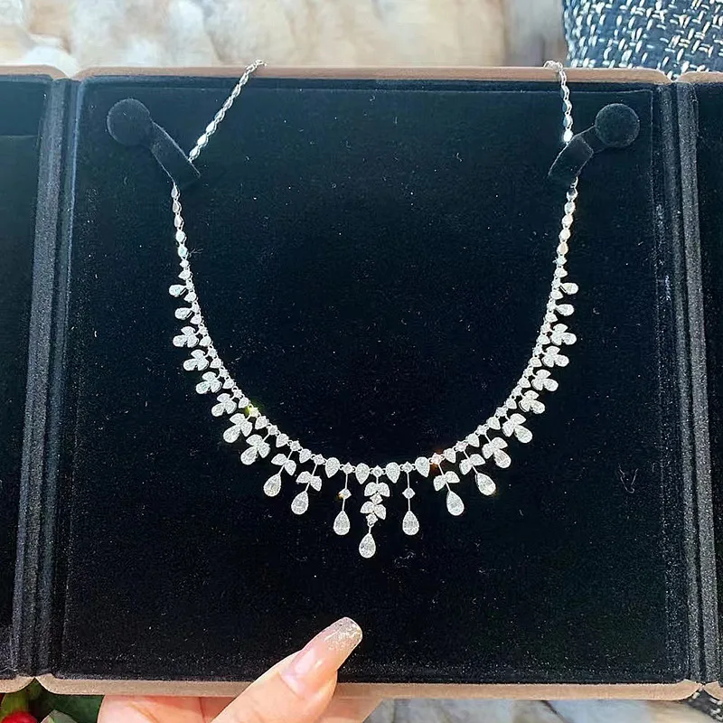 

S925 Silver Necklace Full Diamond Pear shaped Water Drop Necklace Evening Style Tassel Necklace Jewelry