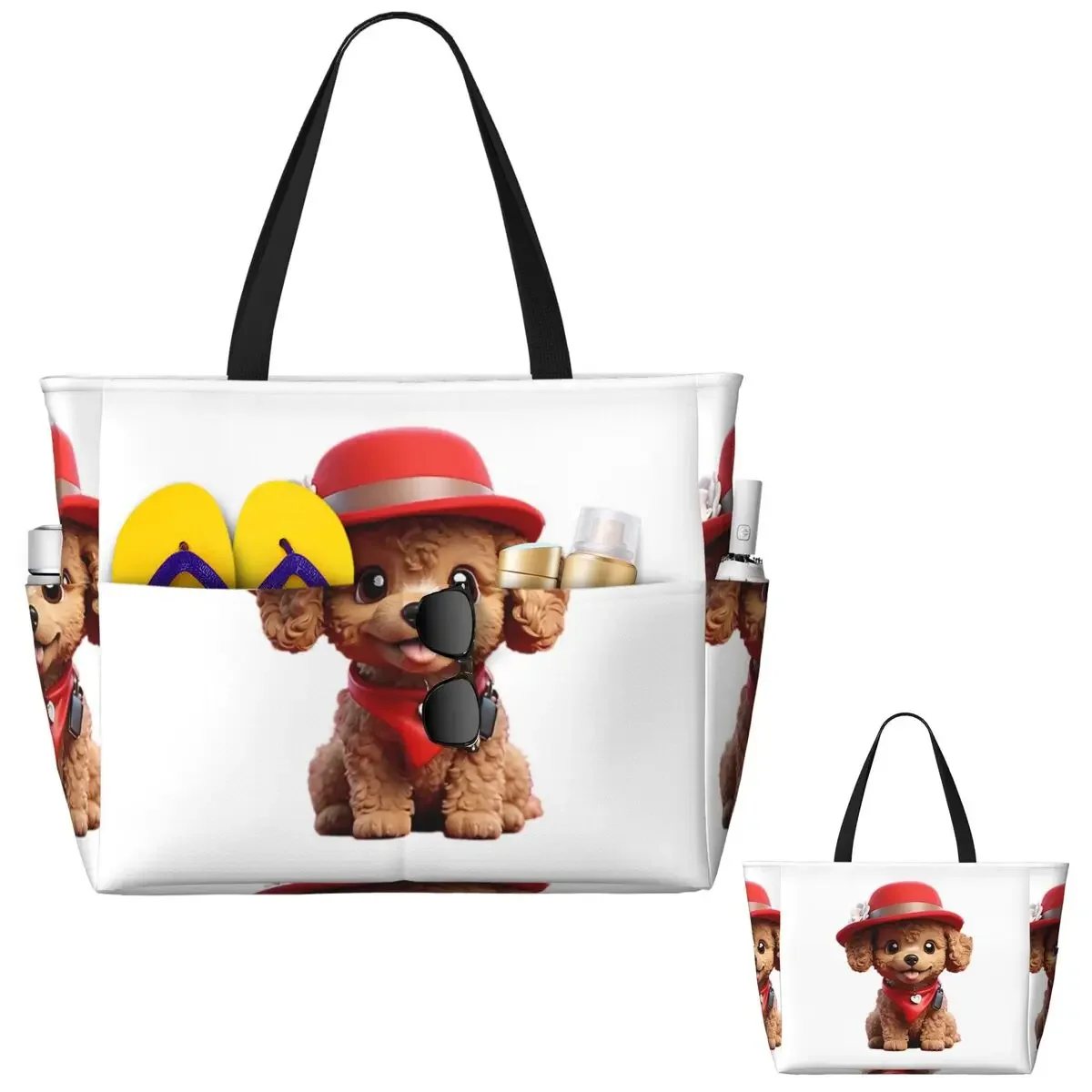 Cute Smiling Cartoon Toy Poodle Dog V2 Beach Tote Bag Sport Gym Yoga Duffle Large Tote Bag Women Travel Bag Fitness bag