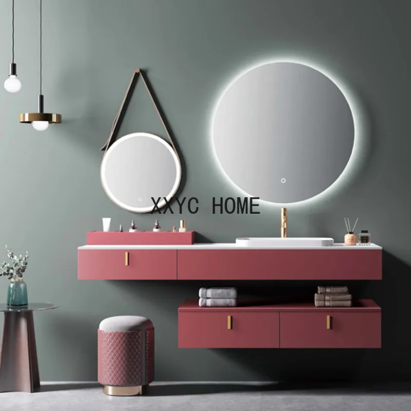 

Oak Bathroom Cabinet Combination Bathroom Table Smart Mirror Modern Minimalist Stone Plate Washbasin Rose Pink