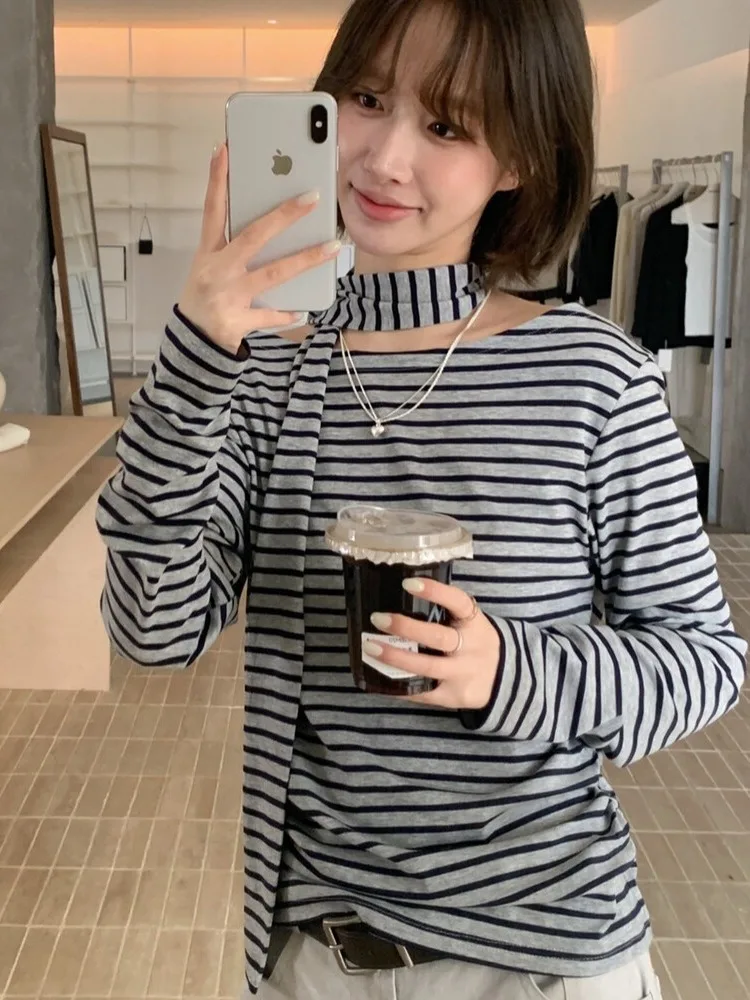 

Korean Sle Beautiful Striped Long Sve Women's T-irt Early Autumn New Sle Slant oulder Two-Way Wear Slimming Base T...