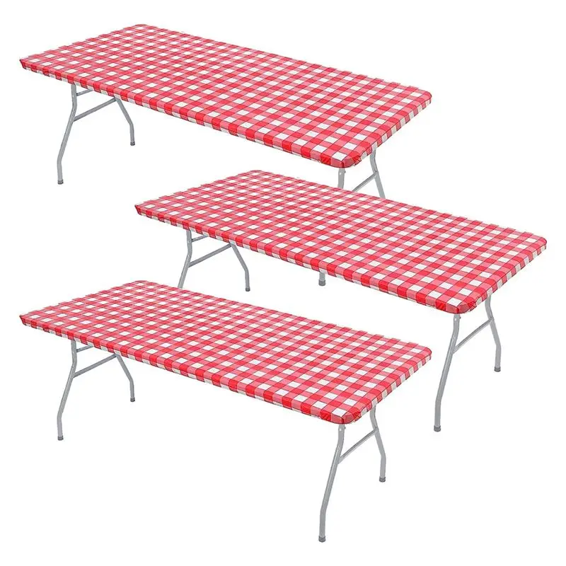 

3 Pcs Tablecloth For Table,Stretch Waterproof Elastic Vinyl Picnic Table Cover With Flannel Backed Lining (Red)-[LUCK 9]