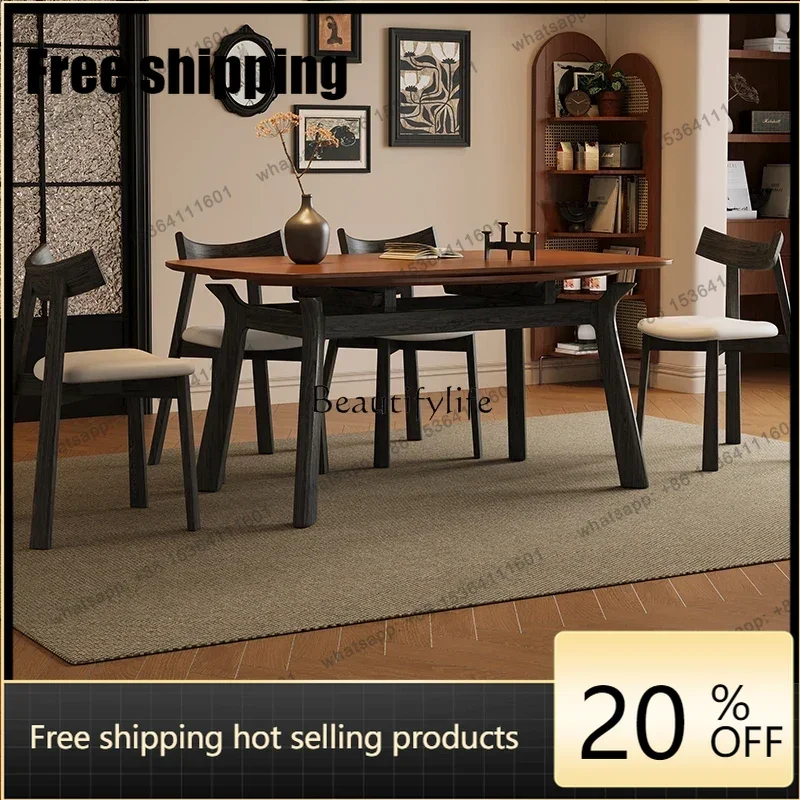 HJ French Vintage Style Solid Wood Dining Table, Extendable and Foldable, Square and Round Dual-use, White Ash Wood