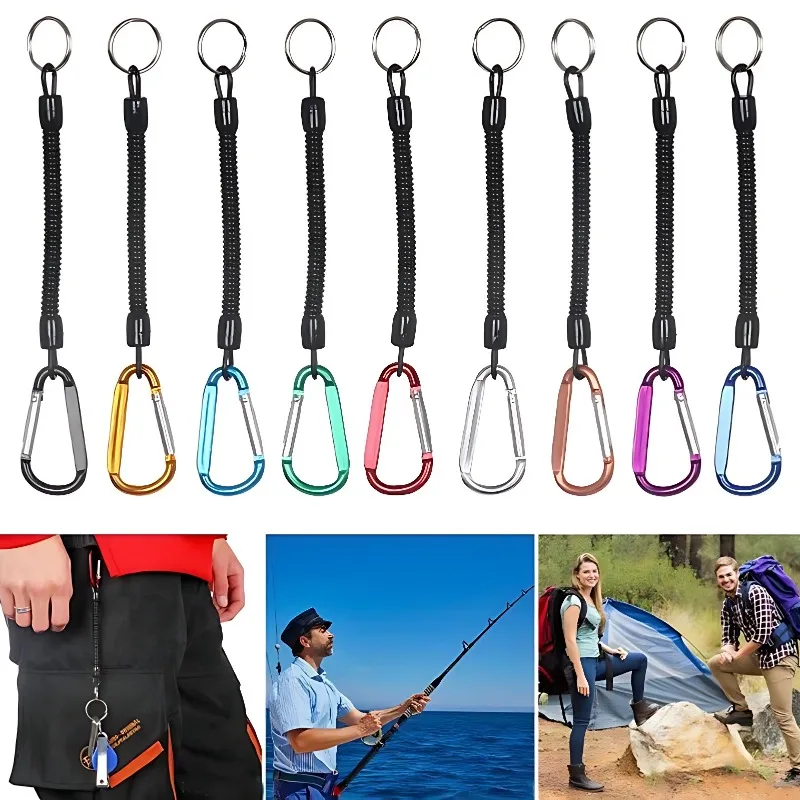 5/10pcs Tactical Retractable Spring Elastic Rope Portable Fishing Lanyards Outdoor Camping Carabiner Anti-lost Phone Keychain