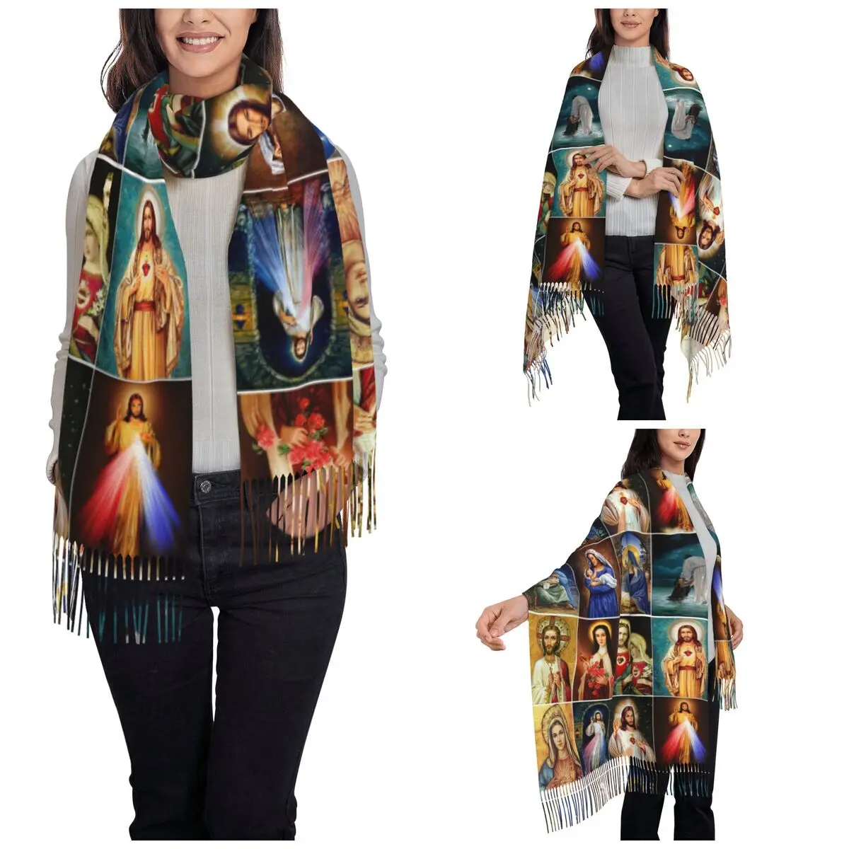 Womens Tassel Scarf Jesus Virgin Mary Christian Long Super Soft Shawl Wrap Catholic Plaid Gifts Pashmina Scarves