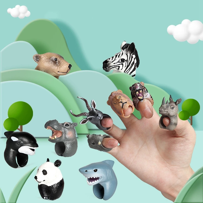 Marioneta de mano de Animal para niños, 12 piezas, elefante de dibujos animados 3D, León, Panda, Tigre, anillo de marionetas, juego de vestir