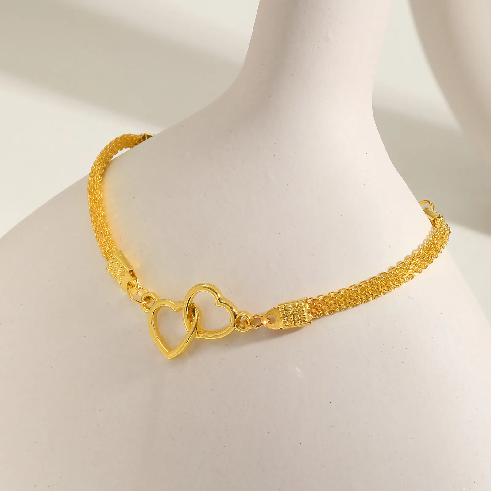 Double Heart Bracelet, Mesh Chain Link Adjustable, Anniversary Birthday Jewelry Gifts For Women