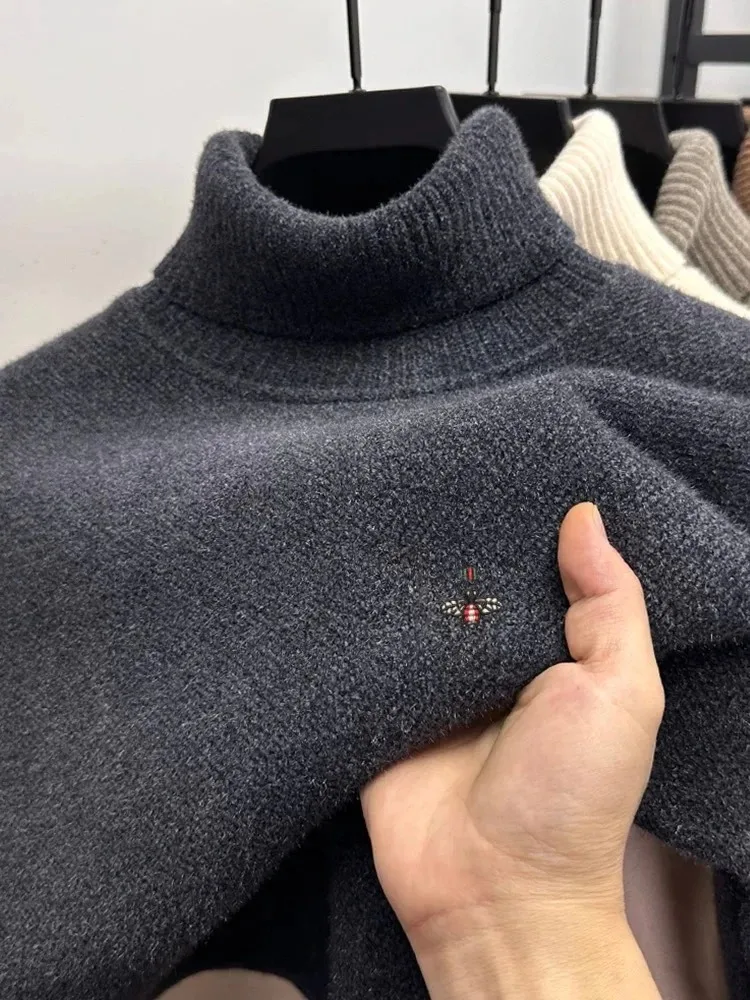 

Luxury brand bee embroidery pullover high-quality men top autumn winter trend comfort skin friendly warm knit high neck sweater