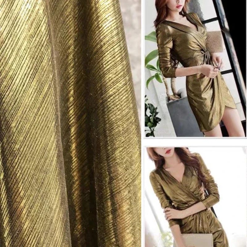 

Golden Elastic Hot Stamping Dress with Sparkling Light Flowing Knitted Fabric