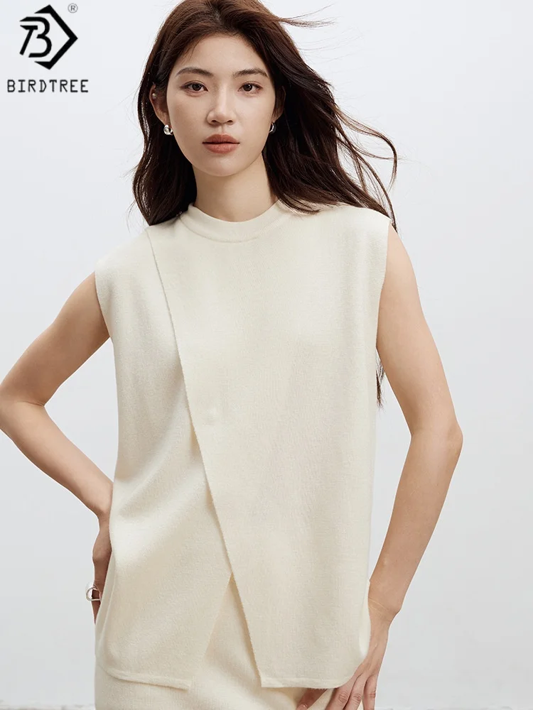 Birdtree 32.4% Sheep Wool 30.1% Acrylic Sweater,Woman Wool Blend Split Layered Design Sleeveless Autumn Knit Vest Tops T58734JF