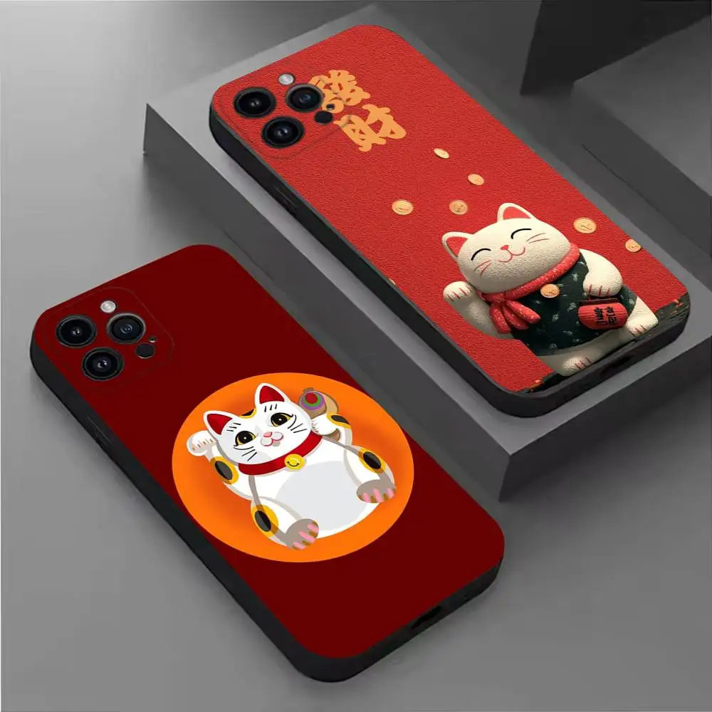 

Cartoon Lucky Cat Phone Case For iPhone 17,16,15,14,13,12,11 Plus,Pro Max,XS,X,XR,SE,Mini,8,7,Soft Silicone Black Cover