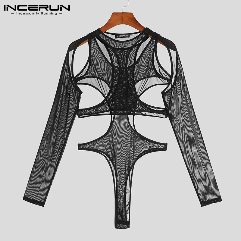 INCERUN-body de malla transparente para hombre, ropa interior lisa ahuecada, Sexy, cuello redondo, manga larga, pijama Irregular, 2023