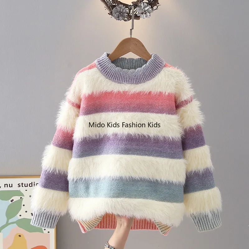 Girls' Knitted Sweater Style Rainbow Stripe Faux Mink Fleece Children's Knitwear Stylish Warm Mid-Large Sizes School Sweater