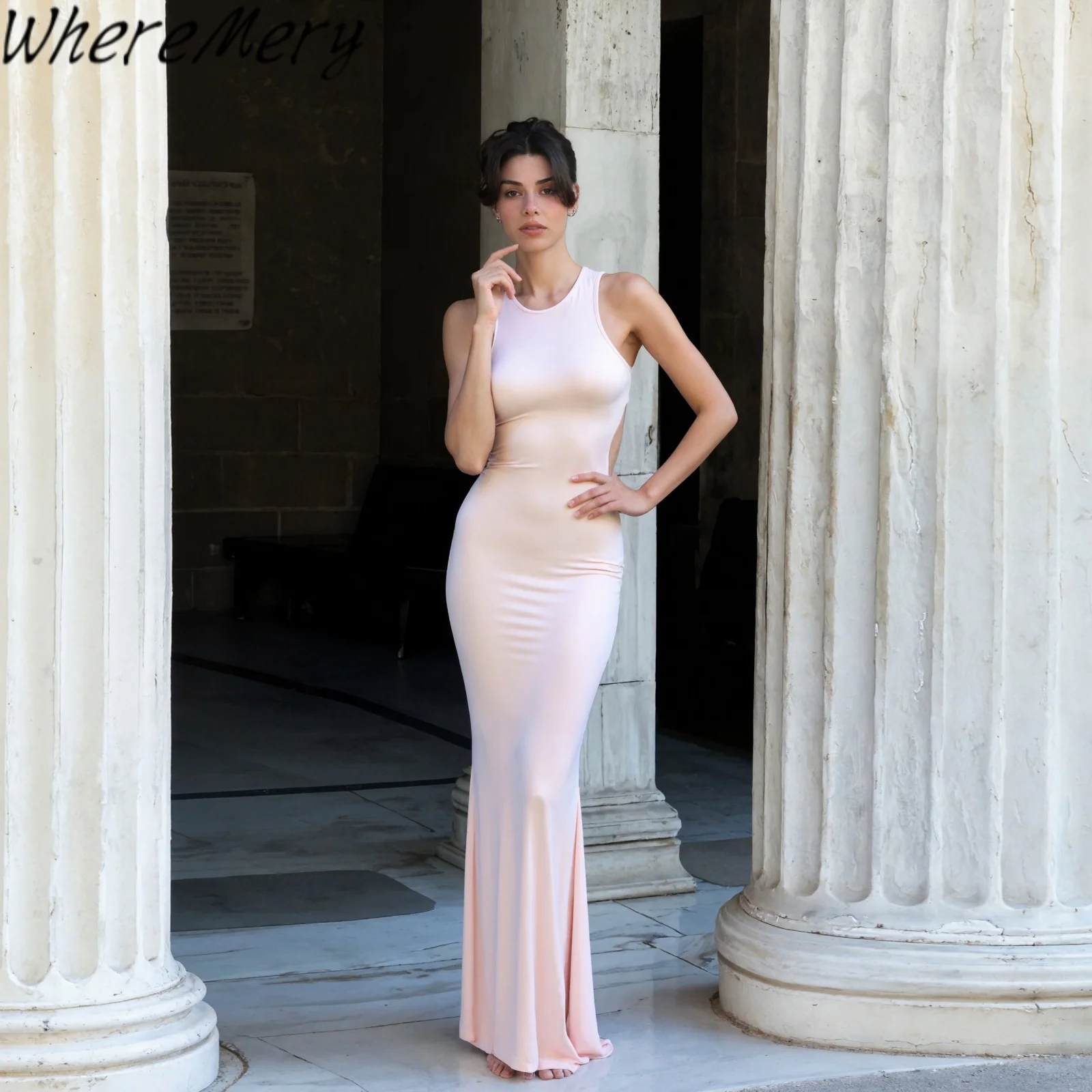 WhereMery Elegante Sexy Oansatz Ärmel Bodycon Backless Solide Maxi Kleid Y2K Herbst Neue Mode Hochzeit Gast frauen Kleider