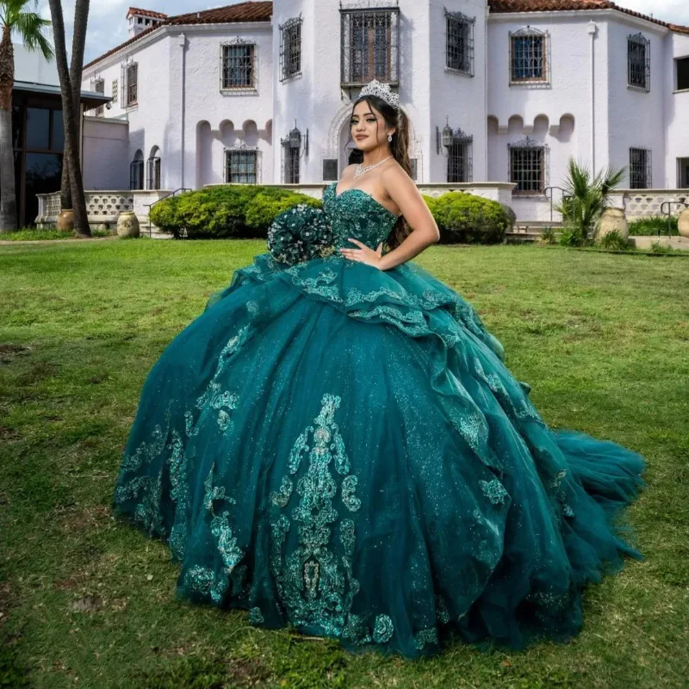 Princess Green Shiny Quinceanera Dresses for Sweet 15 Year Sexy Off the Shoulder Puffy Ball Gown Lace Appliques Princess Gowns