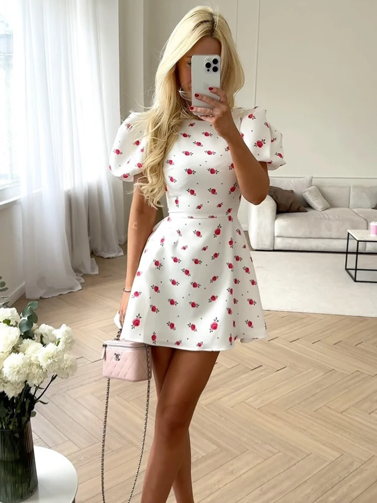 Floral Printed Dresses For Women Fashion Sexy Streetwear Puff Sleeves O-Neck A-Line Elegant Mini Vestidos Robes Female Slim Fit