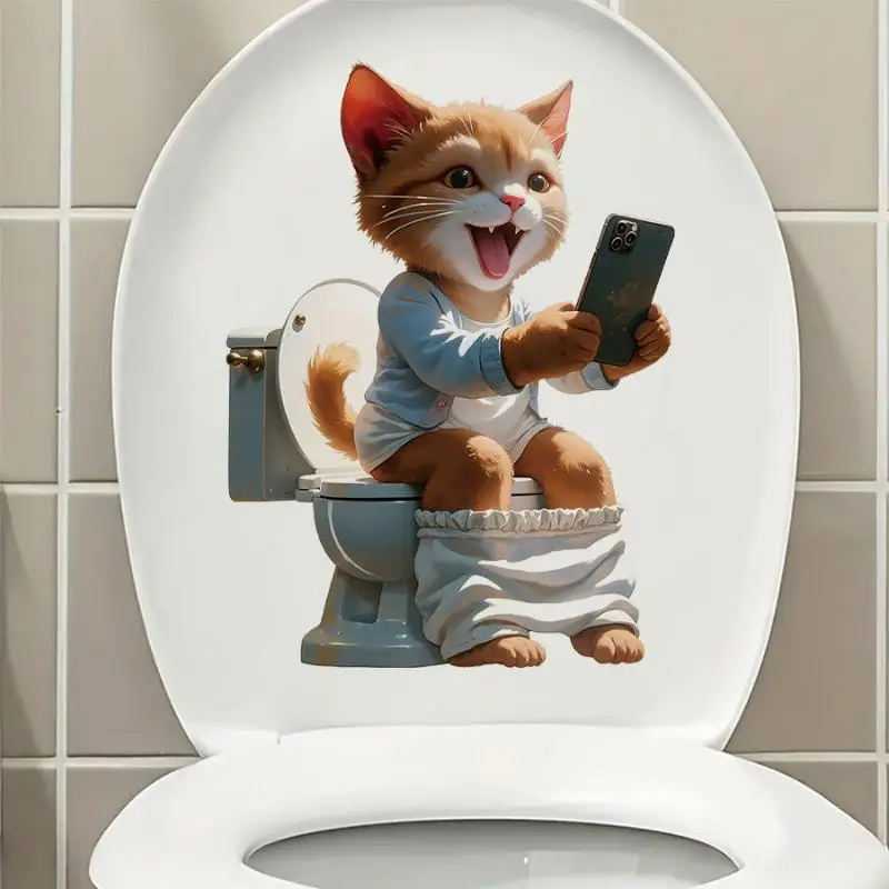 Funny Reading Newspaper Cat Toilet Sticker Waterproof Anti-Scratch Decal for Bathroom Restroom Home Decoration