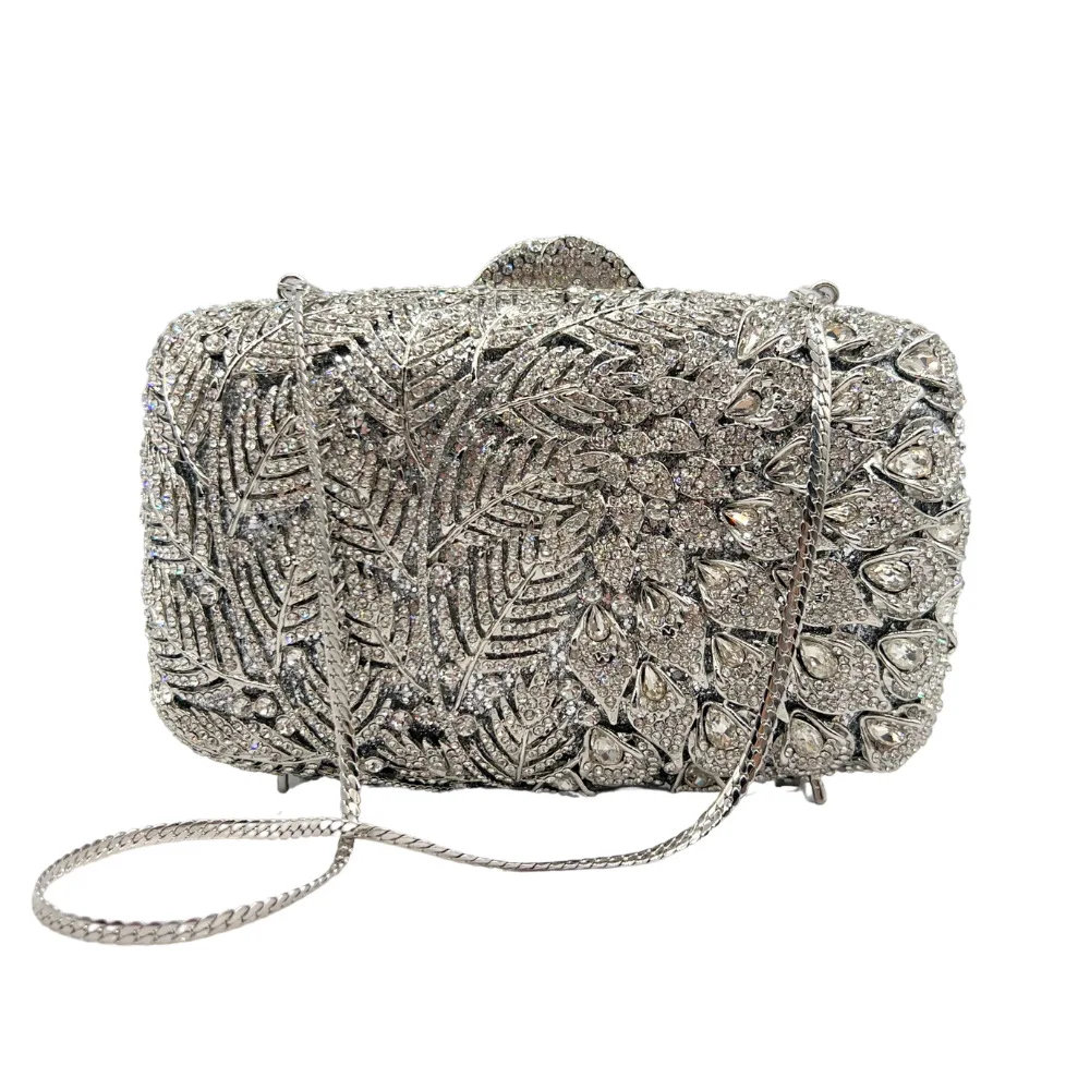 

WHTUOHENG Silver Crystal Evening Bag Purse Luxury Woman Diamond Purses Leaves Bridal Clutch Bag Wedding Party Banquet Handbag