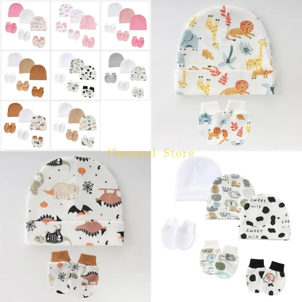 

E7CE 3 комплекта хлопковой шапочки и варежек для новорожденных, удобная посадка, несколько цветов