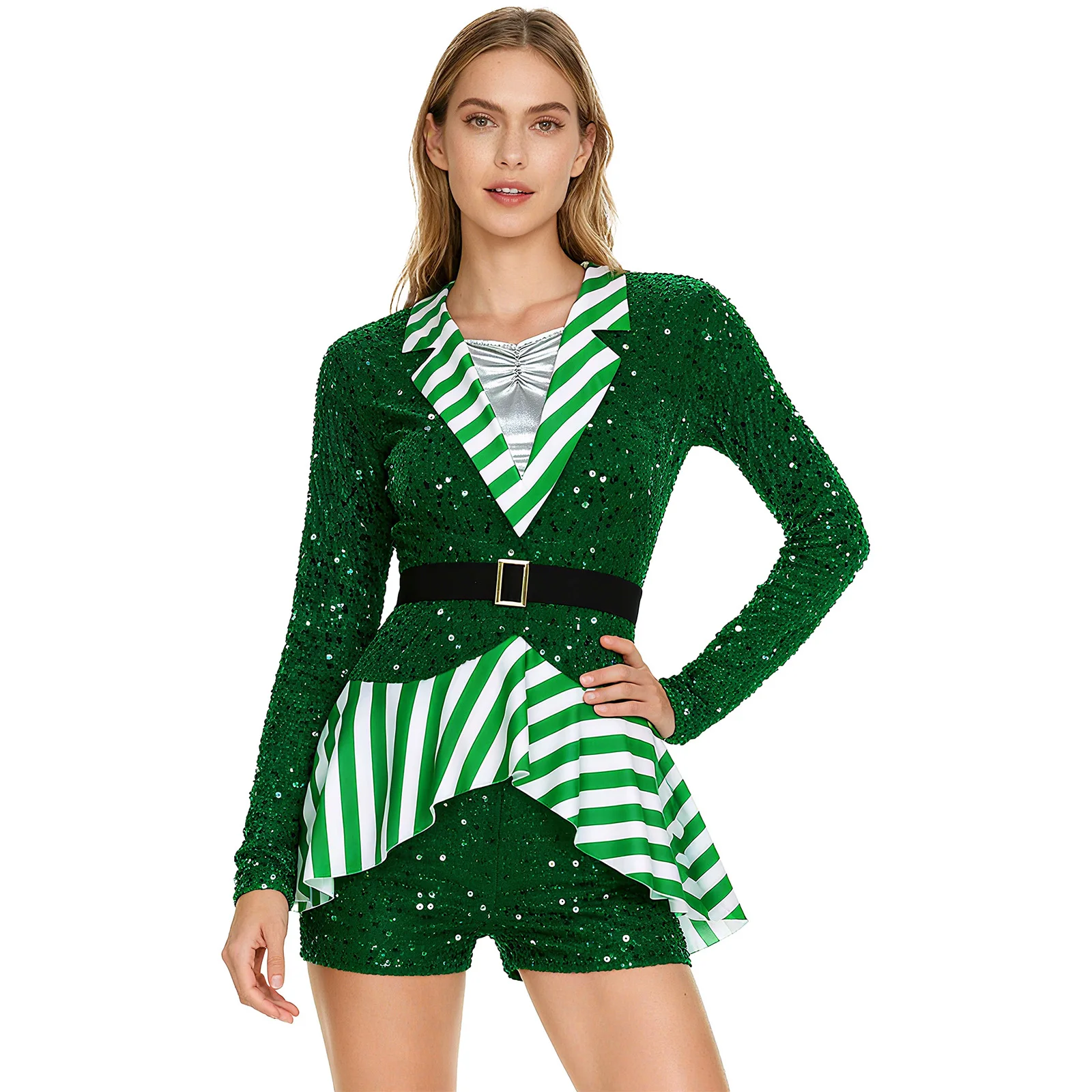 بدلة قفز نسائية لعيد الميلاد على شكل قصب الحلوى مع شريط ومطرزة مخملية مرقعة لحفلات عيد الميلاد للعام الجديد #3