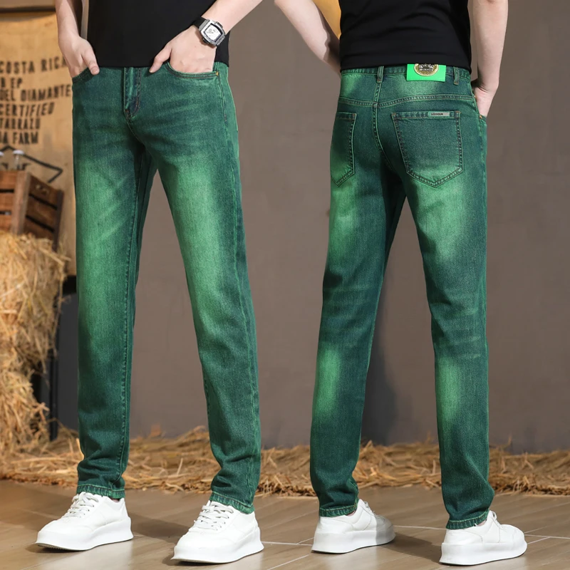 

Light Luxury Men's Clothing Summer Fashion Trends Green Washed-out Vintage All-Match Stretch Slim Casual High-End Jeans Men