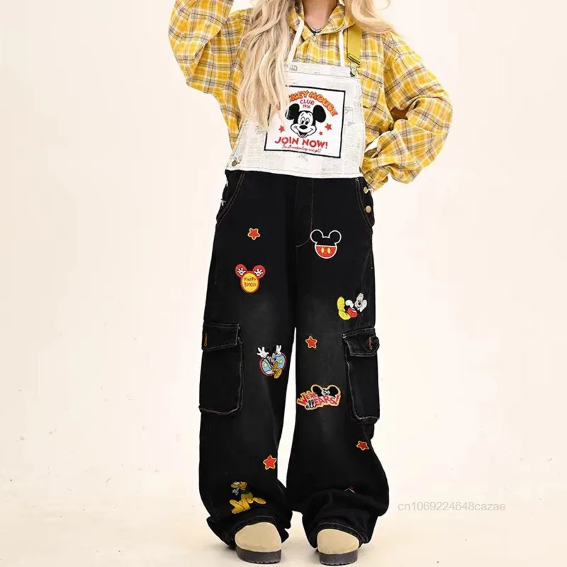 Disney Mickey Mouse American Style Vintage Jeans Fun Cartoon Embroidery Men Women Loose Overalls Trendy Versatile Denim Jumpsuit