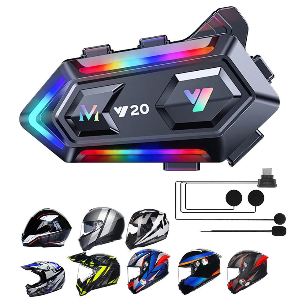 Headset Headphone Wireless Y20 1000mAh Motorcycle Helmet Motobike Hands-free Stereo RGB Colorful Lights Earphone BT 5.3