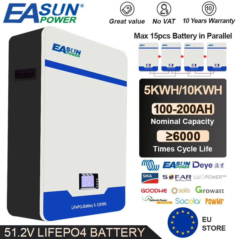 LiFePO4 Battery 51.2V 200Ah 10Kwh Powerwall 16S 48V 100Ah 5Kwh Built-in BMS Parallel 15PCS With CAN RS485＞6000 Cycles For Solar